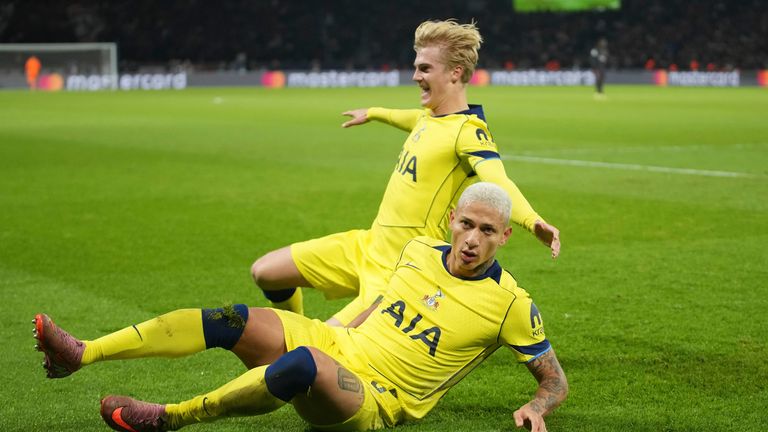 Tottenham's Richarlison celebrates with his teammate Lucas Bergvall after vs PSG