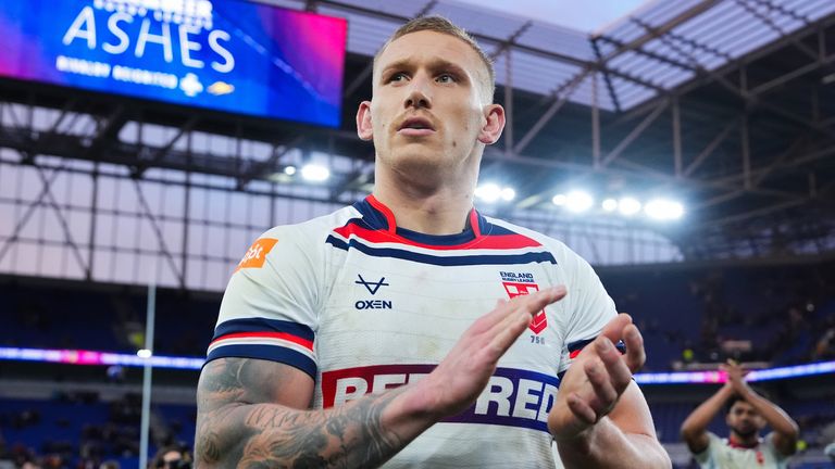 Picture by Olly Hassell/SWpix.com - 01/11/2025 - ABK Beer Rugby League Ashes - England vs Australia - Hill Dickinson Stadium, Liverpool, England - Mikolaj Oledzki of England looks dejected after their teams loss against Australia