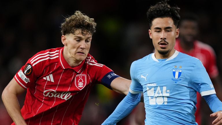 Ryan Yates (left) attempts to tackle Malmo player Adrian Skogmar in Nottingham Forest's Europa League 