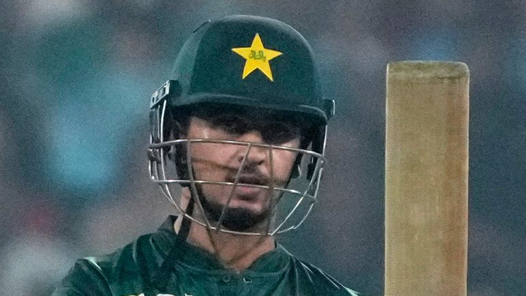 Pakistan's Saim Ayub celebrates after scoring fifty during the second T20 cricket match between Pakistan and South Africa, in Lahore