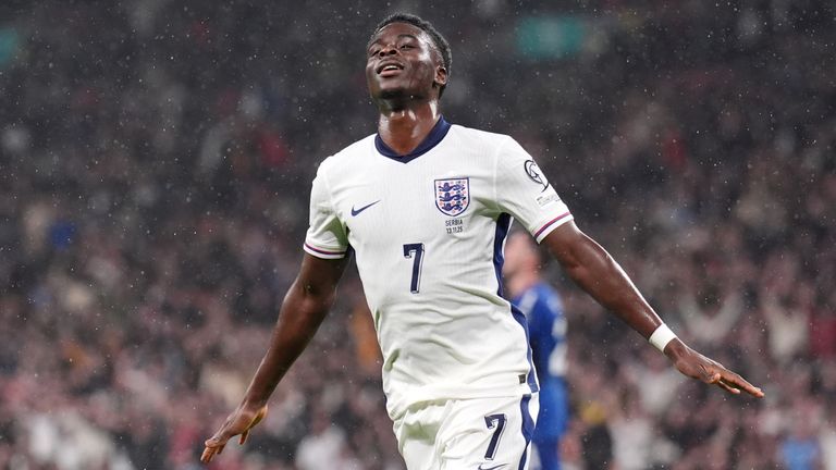 England's Bukayo Saka celebrates after scoring vs Serbia