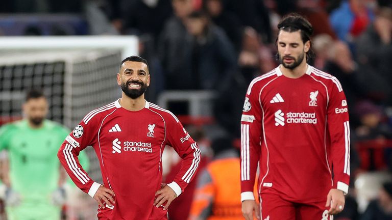 Mo Salah and Dominik Szoboszlai look dejected during Liverpool's 4-1 defeat to PSV