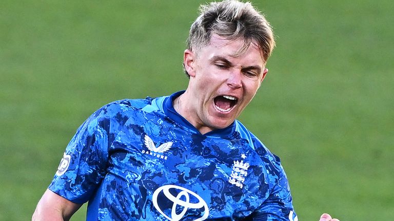 Sam Curran of England reacts after bowling Rachin Ravindra of New Zealand during the One Day International cricket match between New Zealand