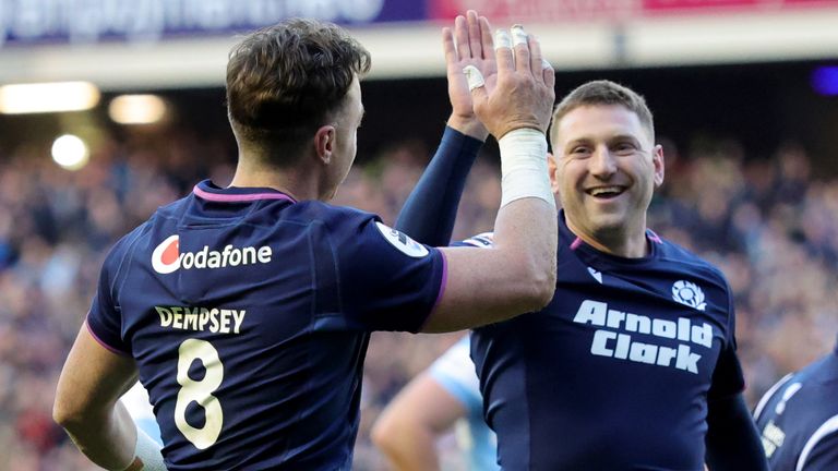 Jack Dempsey celebrates with Finn Russell after scoring a try