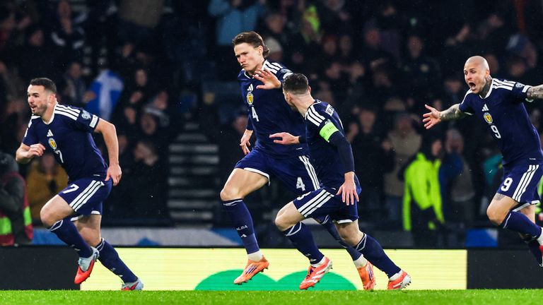 GLASGOW, SCOTLAND - NOVEMBER 18: Scotland...s Scott McTominay celebrates after scoring to make it 1-0 during a FIFA World Cup 2026 Qualifier between Scotland and Denmark at Hampden Park, on November 18, 2025, in Glasgow, Scotland. (Photo by Craig Williamson / SNS Group)