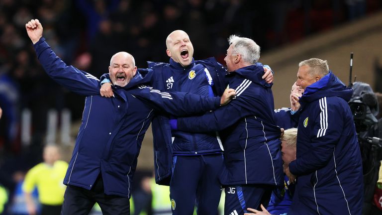 GLASGOW, SCOTLAND - NOVEMBER 18: Scotland Head Coach Steve Clarke celebrates the fourth goal during a FIFA World Cup 2026 Qualifier between Scotland and Denmark at Hampden Park, on November 18, 2025, in Glasgow, Scotland. (Photo by Alan Harvey / SNS Group)
