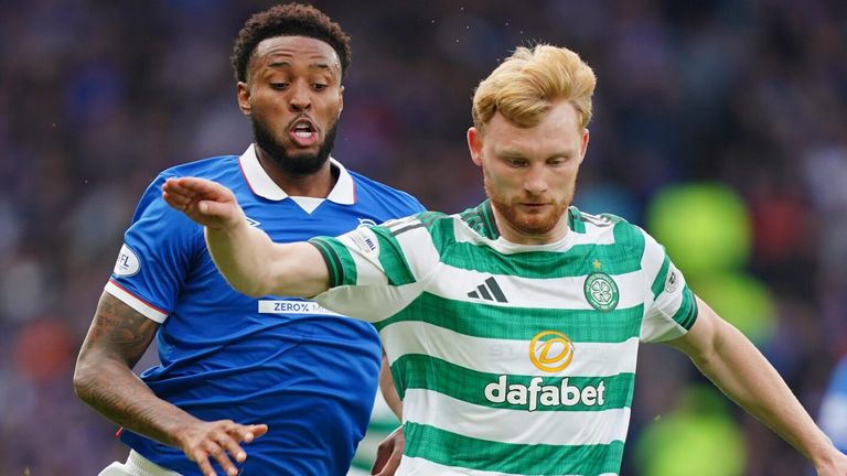 Youssef Chermiti and Liam Scales battle for the ball