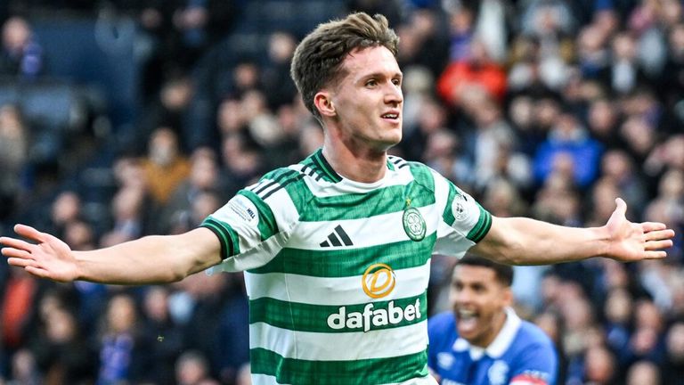 Johnny Kenny celebrates after giving Celtic the lead against Rangers in the Scottish League Cup semi-final