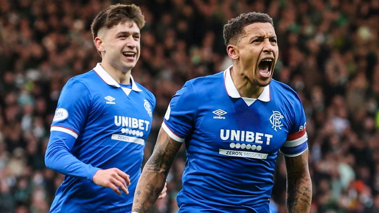 James Tavernier celebrates after equalising for Rangers against Celtic in the Scottish League Cup semi-final