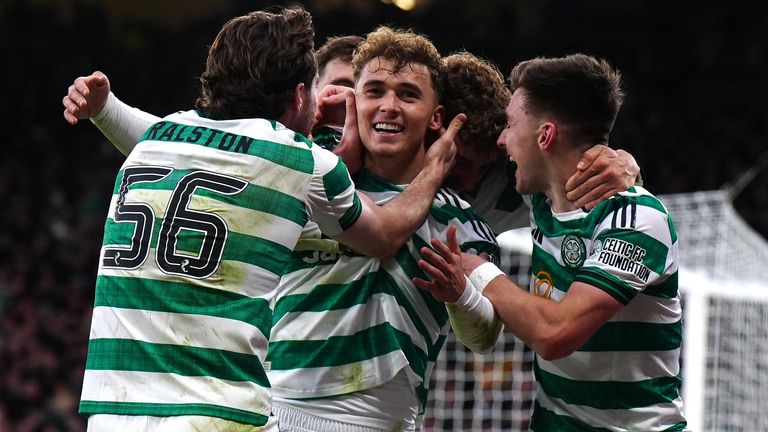Callum Osmand celebrates after scoring Celtic's third goal against Rangers at Hampden Park