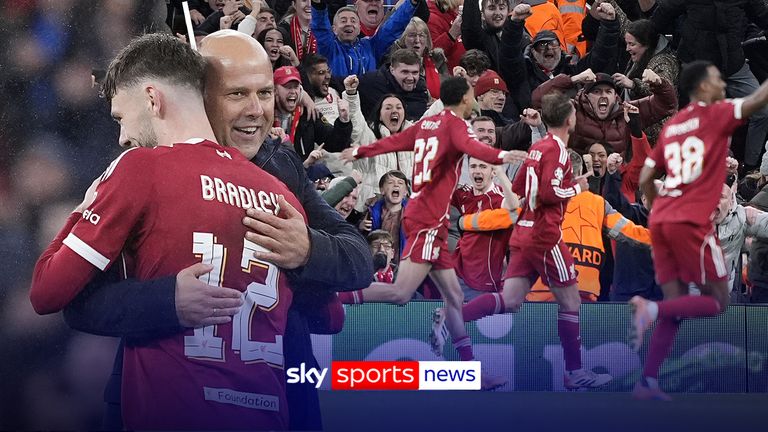 Liverpool manager Arne Slot and Conor Bradley after the UEFA Champions League, league stage match at Anfield, Liverpool.