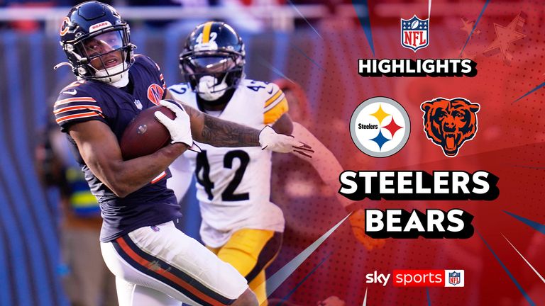 Chicago Bears wide receiver DJ Moore, left, backs into the end zone after taking a pass from quarterback Caleb Williams for a touchdown with Pittsburgh Steelers cornerback James Pierre (42) defending during the second half of an NFL football game Sunday, Nov. 23, 2025, in Chicago. (AP Photo/Erin Hooley)