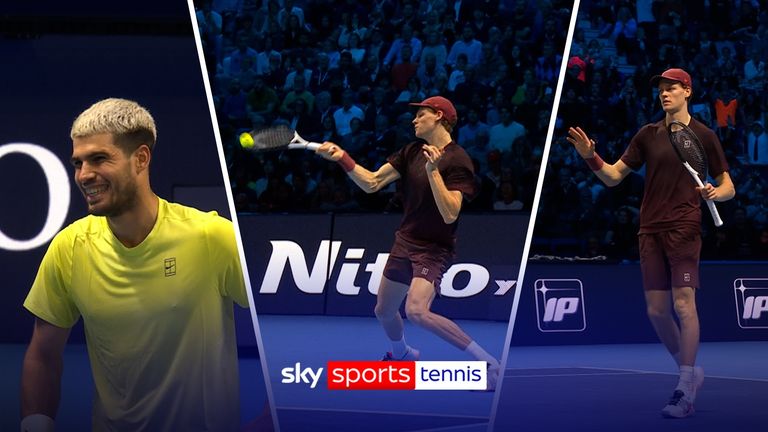 Jannik Sinner's double hit on return helped him break Carlos Alcaraz as he moved level at 3-3 in the second set.