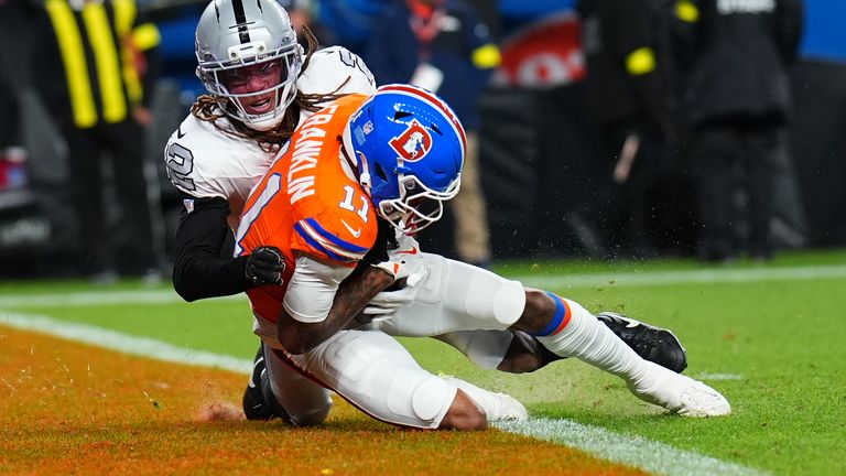 Denver Broncos wide receiver Troy Franklin (11) catches a touchdown pass as Las Vegas Raiders cornerback Eric Stokes defends during the first half of an NFL football game Thursday, Nov. 6, 2025, in Denver. (AP Photo/Jack Dempsey)