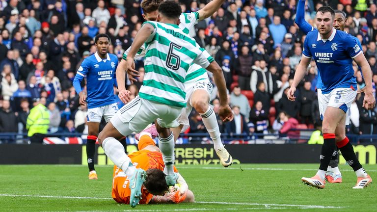 GLASGOW, SCOTLAND - NOVEMBER 02: Celtic's Auston Trusty (L) makes contact with the head of Rangers' Jack Butland during a Premier Sports Cup Semi-Final match between Celtic and Rangers at Hampden Park, on November 02, 2025, in Glasgow, Scotland. (Photo by Alan Harvey / SNS Group)