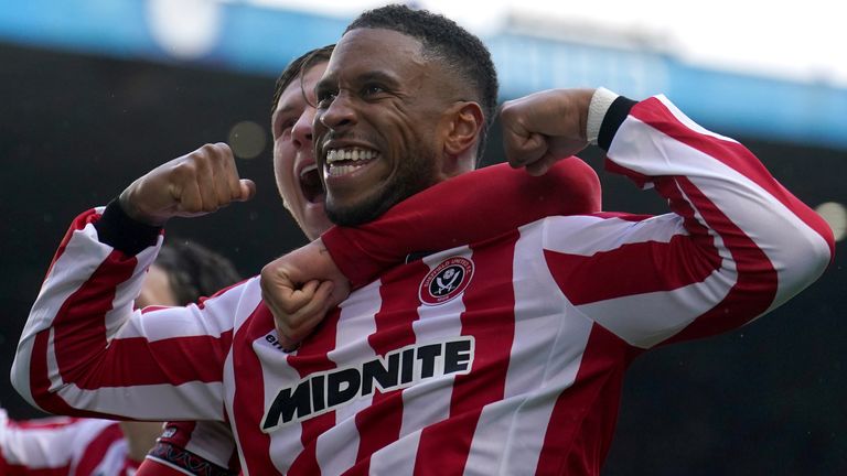 Tyrese Campbell celebrates scoring his second goal for Sheffield United