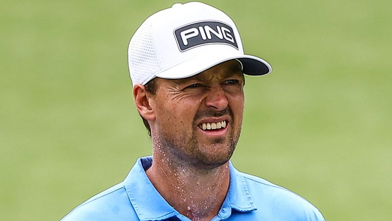 August 3, 2025: Victor Perez eying hole number 9. Fourth round, 2025 Wyndham Championship, Sedgefield Country Club 