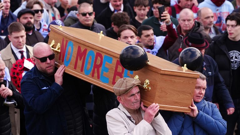 West Ham fans hold a protest against the clubs owners before the Premier League match against Burnley at London Stadium