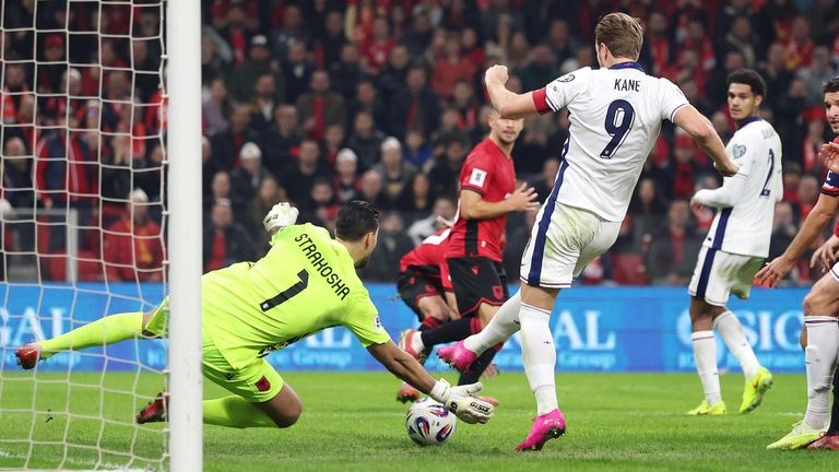 Harry Kane gives England the lead from close range in Albania