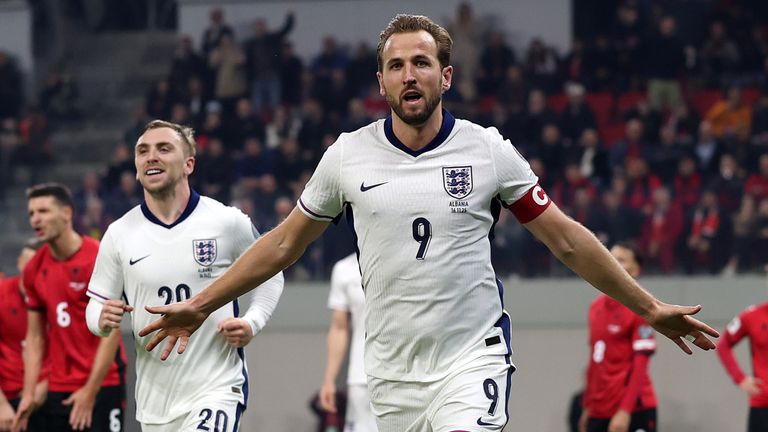 Harry Kane celebrates after scoring England's opening goal against Albania