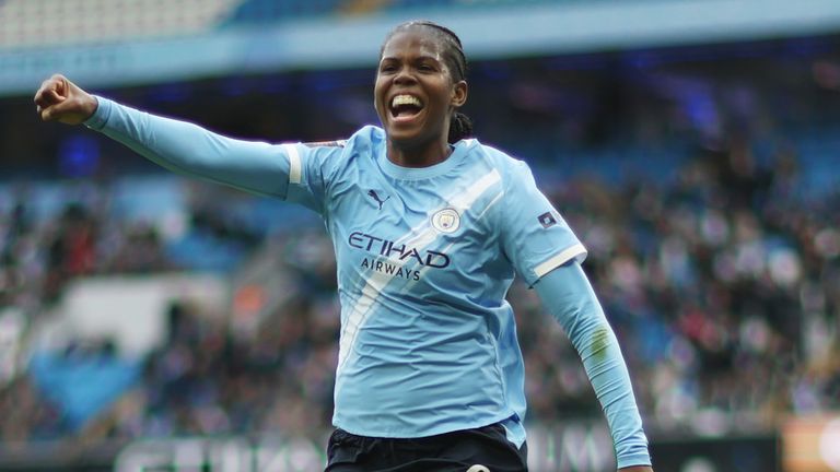 Khadija Shaw celebrates after doubling Man City's lead 