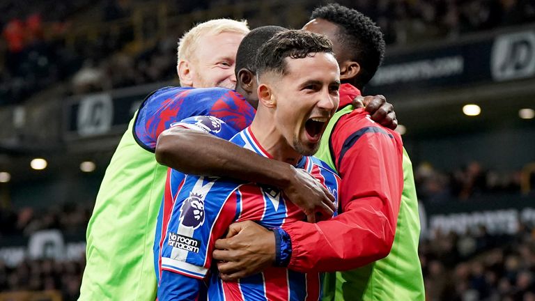 Yeremy Pino celebrates with team-mates after doubling Crystal Palace's lead at Wolves