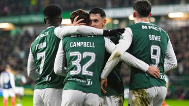Hibernian's Kieron Bowie celebrates after making it 3-0 against Falkirk