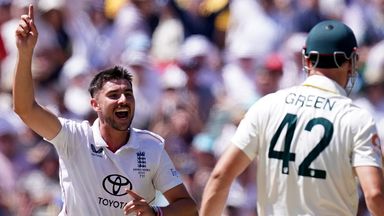 Josh Tongue celebrates taking the wicket of Cam Green in Australia's second innings