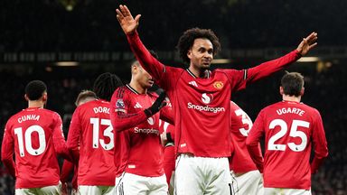 Joshua Zirkzee celebrates after his deflected shot gives Man Utd a 1-0 lead