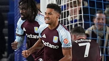 Ollie Watkins celebrates after pulling a goal back for Aston Villa