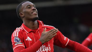 Callum Hudson-Odoi celebrates after doubling Nottingham Forest's lead against Spurs
