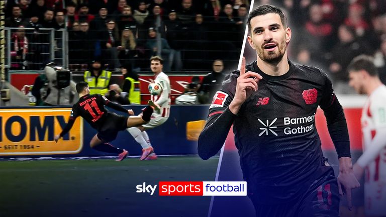 Leverkusen's Martin Terrier celebrates after he scored the opening goal during the German Bundesliga soccer match between Bayer 04 Leverkusen and 1.FC Cologne in Leverkusen, Germany, Saturday, Dec. 13, 2025.