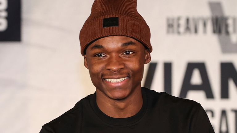 April 3, 2025: Abdullah Mason speaks to media during the Top Rank Boxing press conference inside the Grand Ballroom at Palms Casino Resort in Las Vegas on April 3, 2025 in Las Vegas, NV. Christopher Trim/CSM. (Credit Image: .. Christopher Trim/Cal Sport Media) (Cal Sport Media via AP Images)