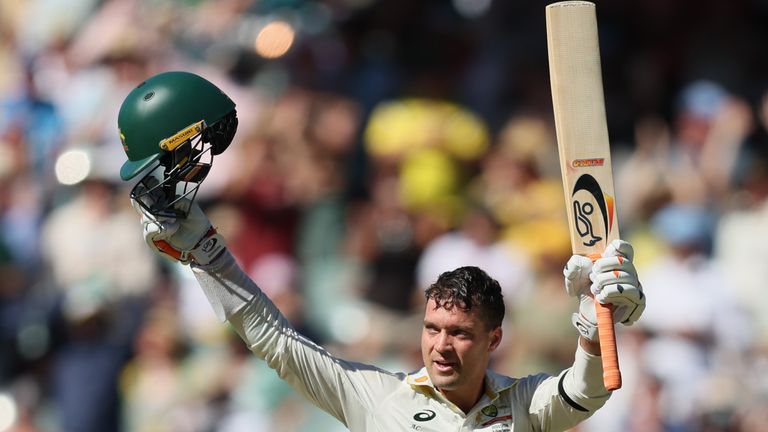 Australia's Alex Carey celebrates his century during play on day one of the third Ashes cricket test between England and Australia at the Adelaide Oval in Adelaide, Australia, Wednesday, Dec. 17, 2025. (AP Photo/James Elsby)