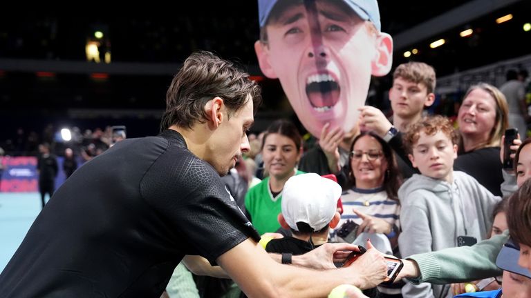 Alex de Minaur signs autographs after winning the final during day three of the Victorian Plumbing UTS London Grand Final