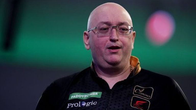 Andrew Gilding after winning the first set during his match against Cameron Crabtree on day three of the Paddy Power World Darts Championshi
