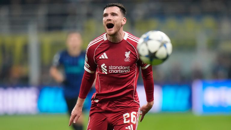 Liverpool's Andrew Robertson reacts after failing to control the ball during a Champions League, league phase, soccer match between Inter Milan and Liverpool in Milan, Italy, Tuesday, Dec.9, 2025. (AP Photo/Luca Bruno)