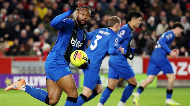 Antoine Semenyo races back to the halfway line after pulling a goal back for Bournemouth at Brentford