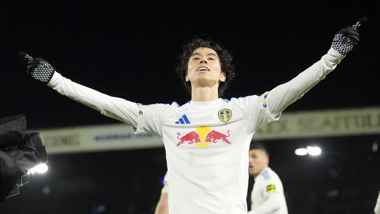 Ao Tanaka celebrates after making it 3-3 at Elland Road