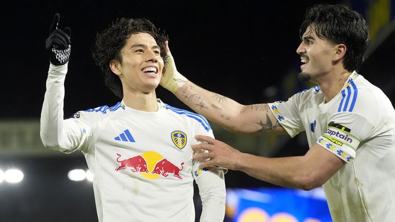 Leeds United's Ao Tanaka celebrates scoring their third goal 