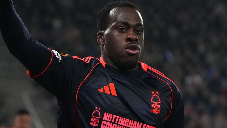 Arnaud Kalimuendo celebrates opening the scoring for Nottingham Forest at Utrecht in the Europa League