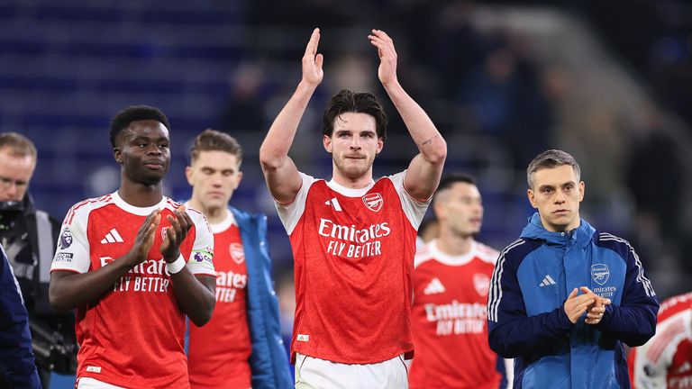 Declan Rice of Arsenal applauds the support after the Premier League match between Everton and Arsenal at Hill Dickinson Stadium 