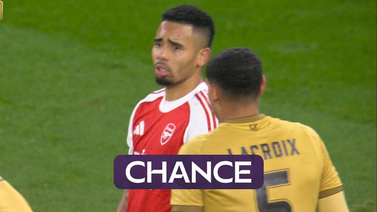 Martin Odegaard whips in a teasing deliver which Gabriel Jesus meets with his head and ends up flashing just past the post. 