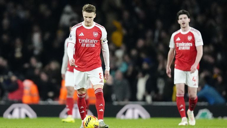 Arsenal captain Martin Odegaard and Declan Rice react after Arsenal conceded a late equaliser to Wolves. They'd go on to win 2-1. 