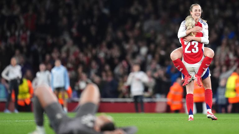 Alessia Russo and Lia Walti celebrate the victory over Real Madrid