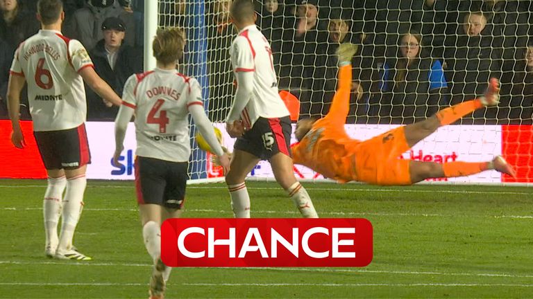 Southampton's goalkeeper Gavin Banuzu keeps the score at 1-0 after producing a brilliant save from Jay Stansfield that was destining for the bottom corner