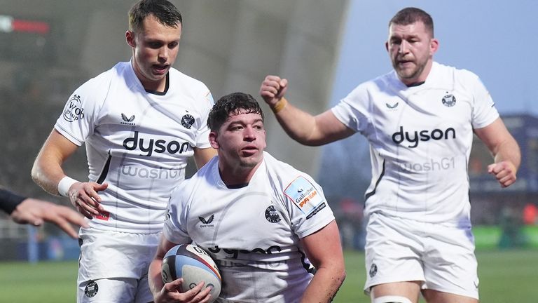 Bath Rugby's Dan Frost celebrates scoring a try against Newcastle