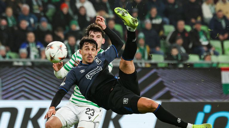 BUDAPEST, HUNGARY - DECEMBER 11: Rangers' Bojan Miovski scores to make it 1-0 during a UEFA Europa League 2025/26 League Phase MD6 match between Ferencvaros and Rangers at the Groupama Arena, on December 11, 2025, in Budapest, Hungary. (Photo by Craig Foy / SNS Group)