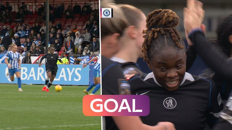 Sophie Baggaley places on perfectly in the top right corner for Chelsea, putting them one up against Brighton.
