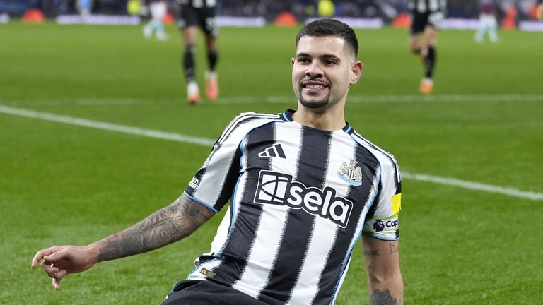 Newcastle United's Bruno Guimaraes celebrates scoring their side's third goal of the game